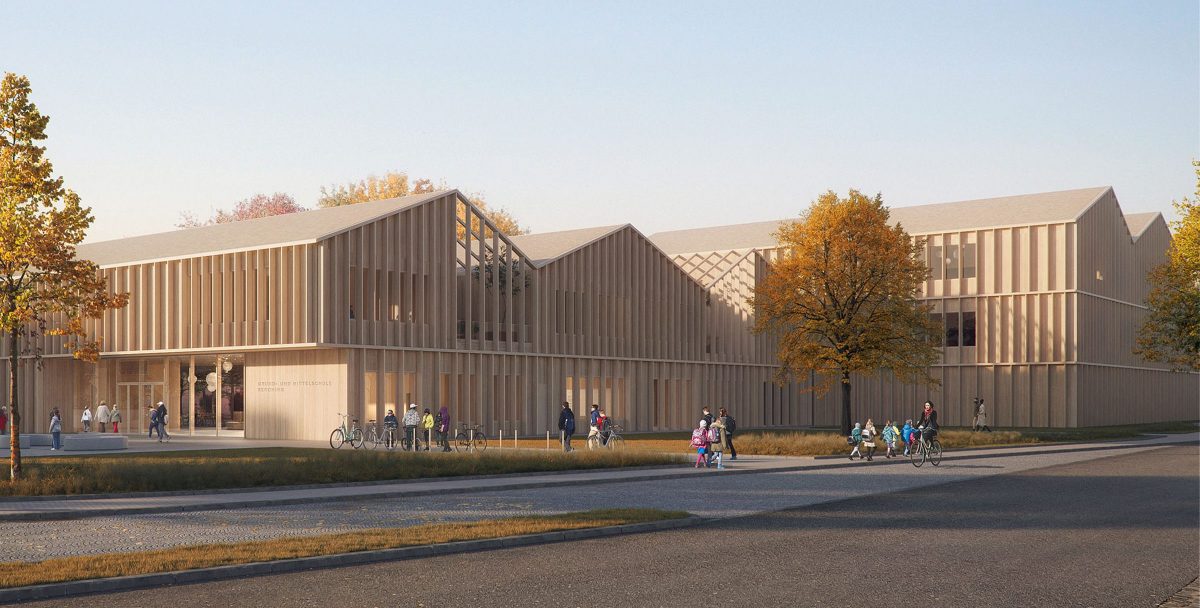 Visualisierung des Neubaus der Grund- und Mittelschule Berching mit Holzfassade und Vorplatz.
