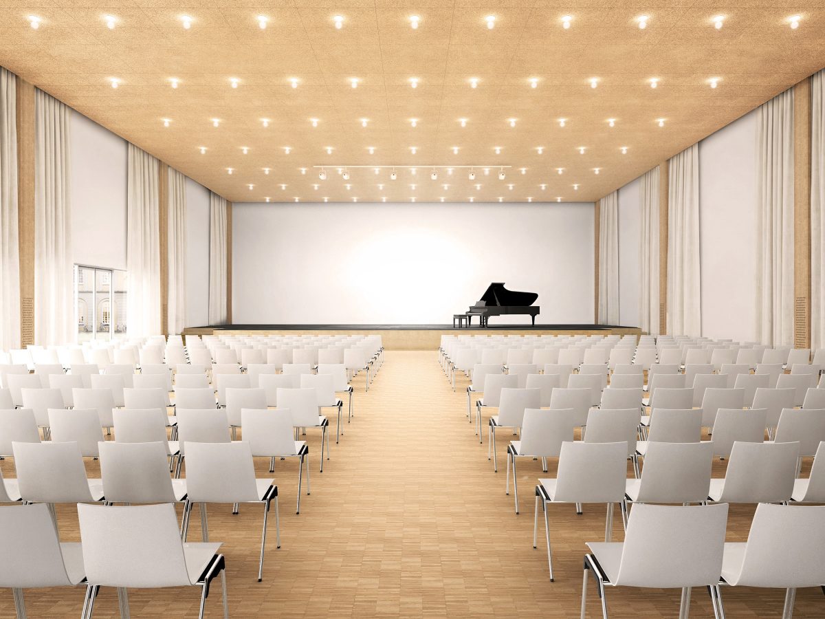Visualisierung des Innenraums der Aula mit flexibler Vorhangstruktur und klar gegliedertem Zuschauerbereich