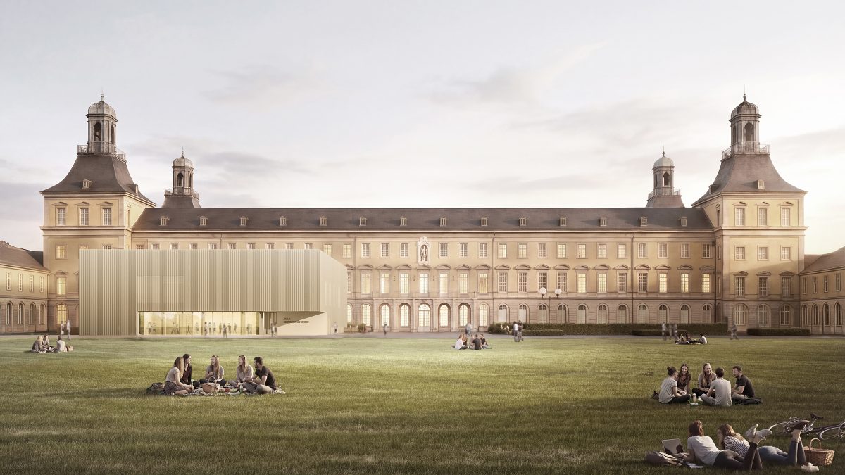 Visualisierung des Interimsgebäudes der Aula der Universität Bonn mit perforierter Metallfassade im sensiblen Kontext des Kurfürstlichen Schlosses