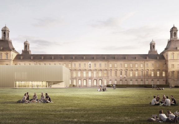 Visualisierung des Interimsgebäudes der Aula der Universität Bonn mit perforierter Metallfassade im sensiblen Kontext des Kurfürstlichen Schlosses