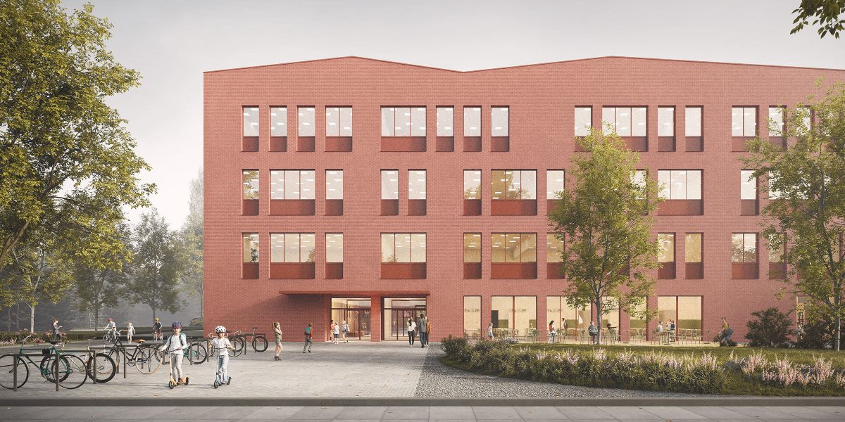 Visualisierung des viergeschossigen Neubaus der Heinrich-Schmitz-Grundschule in Ratingen mit roter Klinkerfassade, Vorplatz mit Fahrradständern und Kindern, moderner Bildungsbau im Grünen