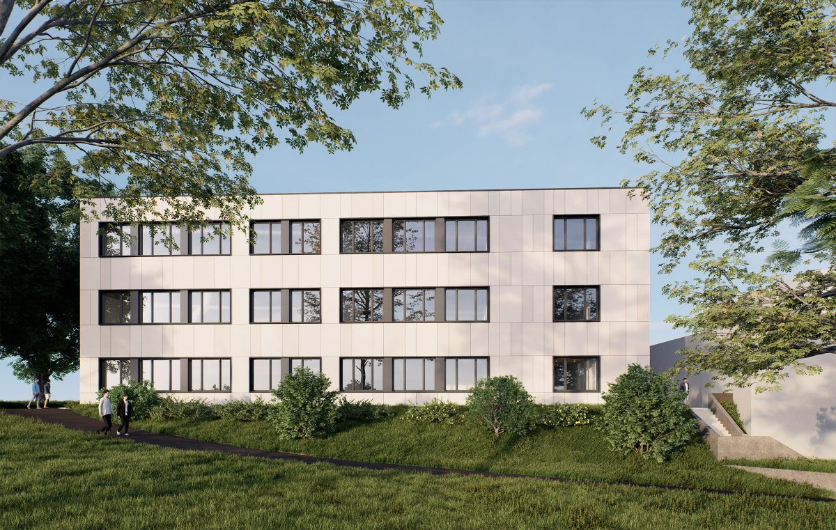 Aussenperspektive des Schulerweiterungsbaus in Köln.