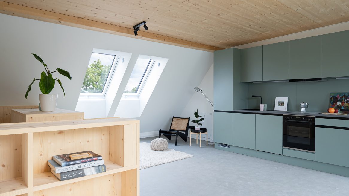 Innenaufnahme einer Wohnung im Moduler Wohnungsbau aus Holz in Berlin.