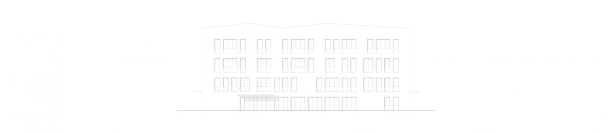 Ansicht Süd des Neubaus der Heinrich-Schmitz-Grundschule in Ratingen mit roter Klinkerfassade und markanter Dachform