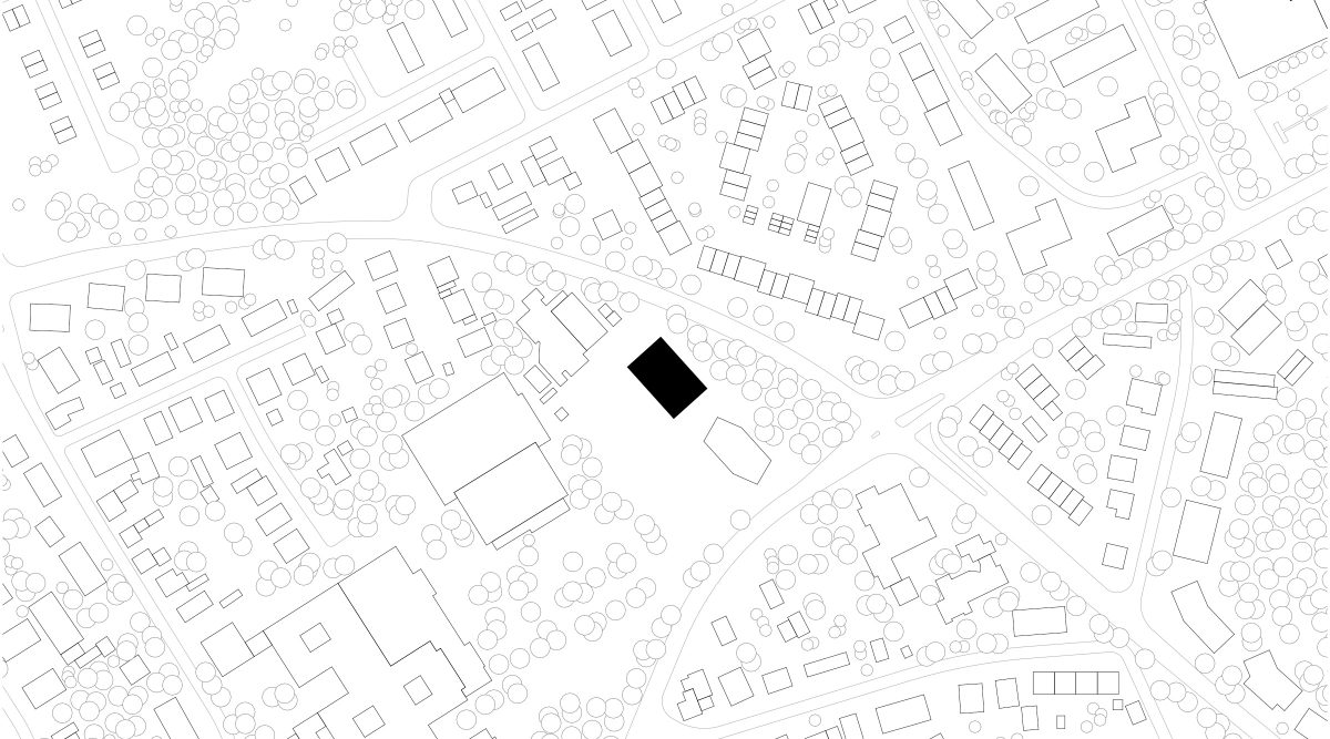 Lageplan der Heinrich-Schmitz-Grundschule in Ratingen, Einbindung des Neubaus in das bestehende Schulzentrum und umliegende Grünflächen